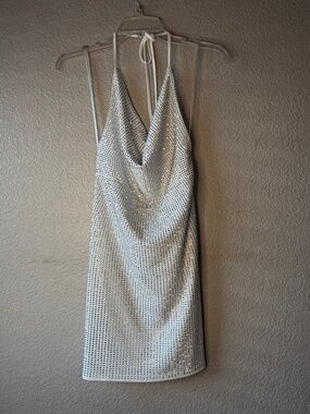 White Rhinestone Halter Mini Dress | Open Back | Party Dress | Size L